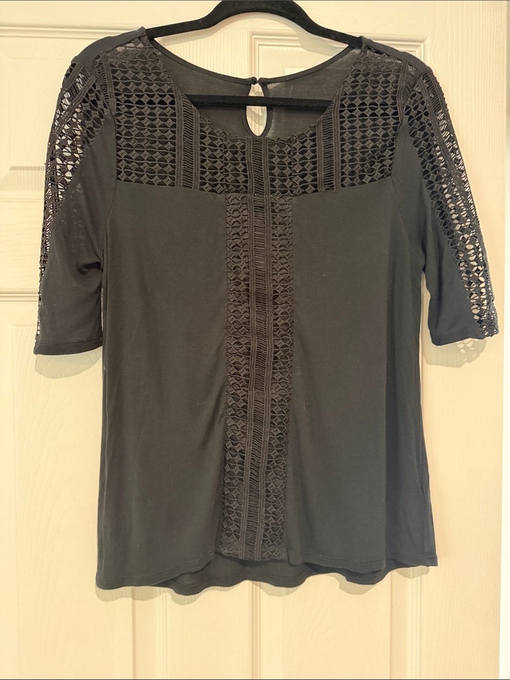 Market & Spruce Black Crochet-Panel Blouse
